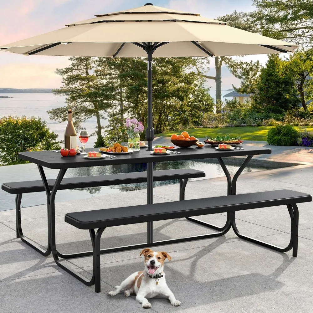 

6FT Picnic Table, Heavy Duty Outdoor Picnic Table and Bench w/Umbrella Hole, Resin Tabletop & Stable Steel Frame Perfect for Ya