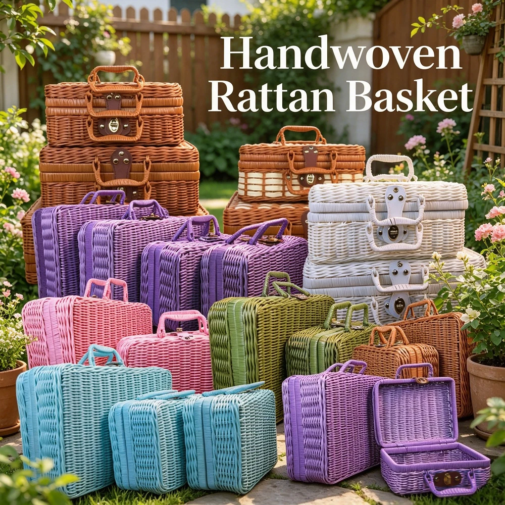 Image of Retro Imitat-Rattan Handgewebter Kofferkorb Tragbare Aufbewahrungsbox Hochzeit Babyparty Geschenk Picknick Heimorganisation Dekoration