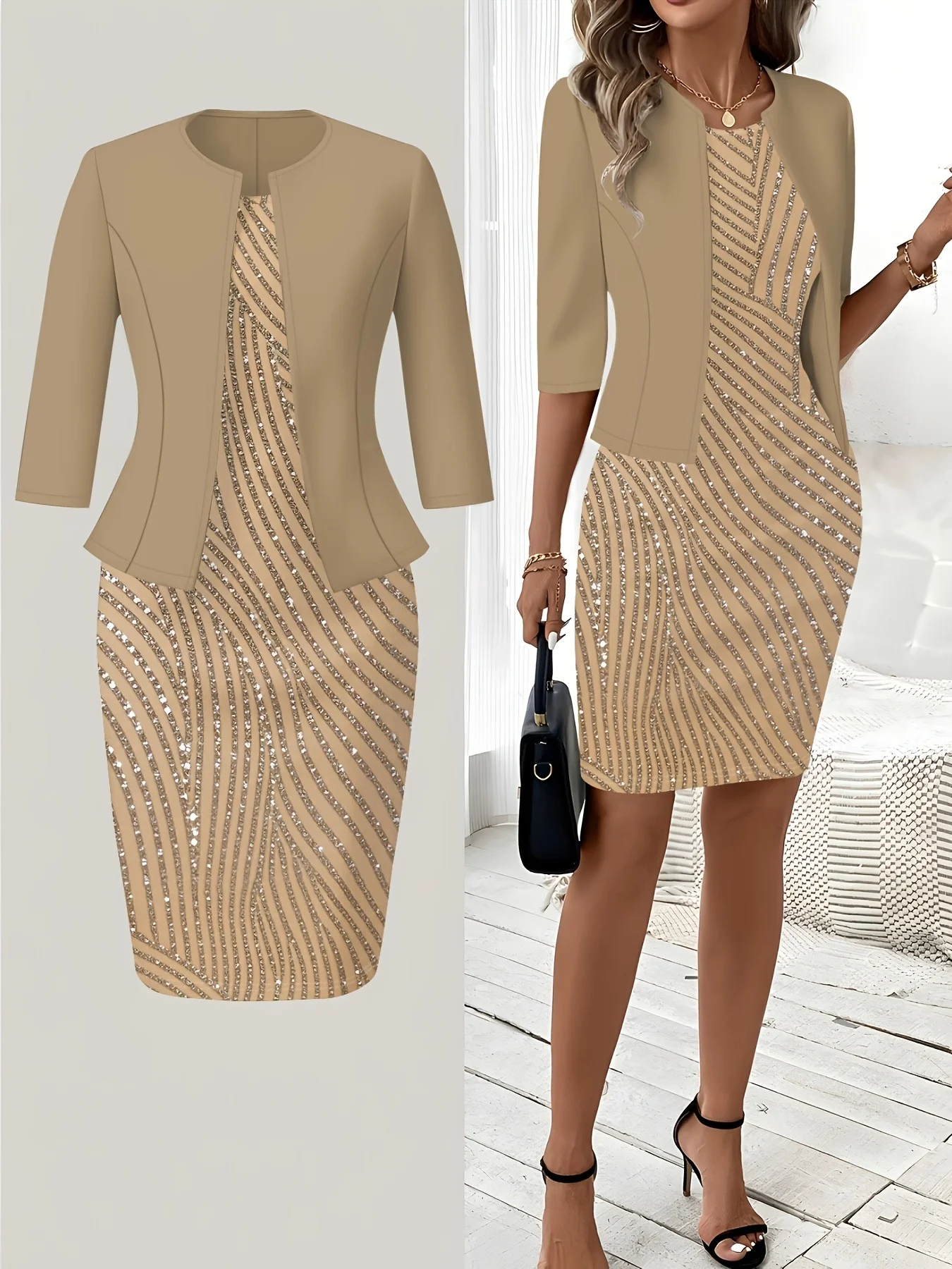 Printed design Casual Style Sequined Diagonal Stripe Pattern Design Round Neck Tank Dress Set