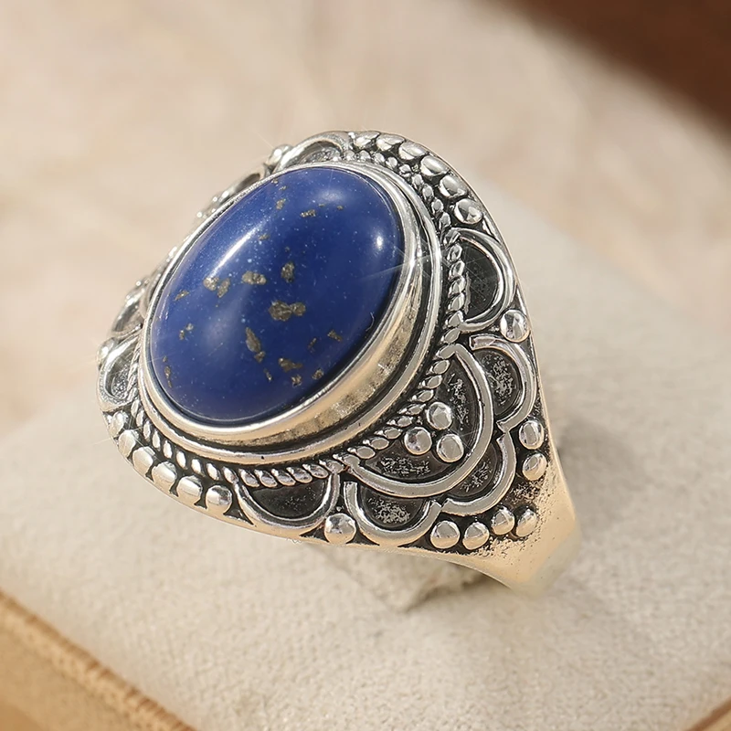 Ethnischer silberfarbener, mit Lapislazuli-Imitat eingelegter Damenring, geometrischer Schmuck für den täglichen Gebrauch, Partyschmuck – Detail 3