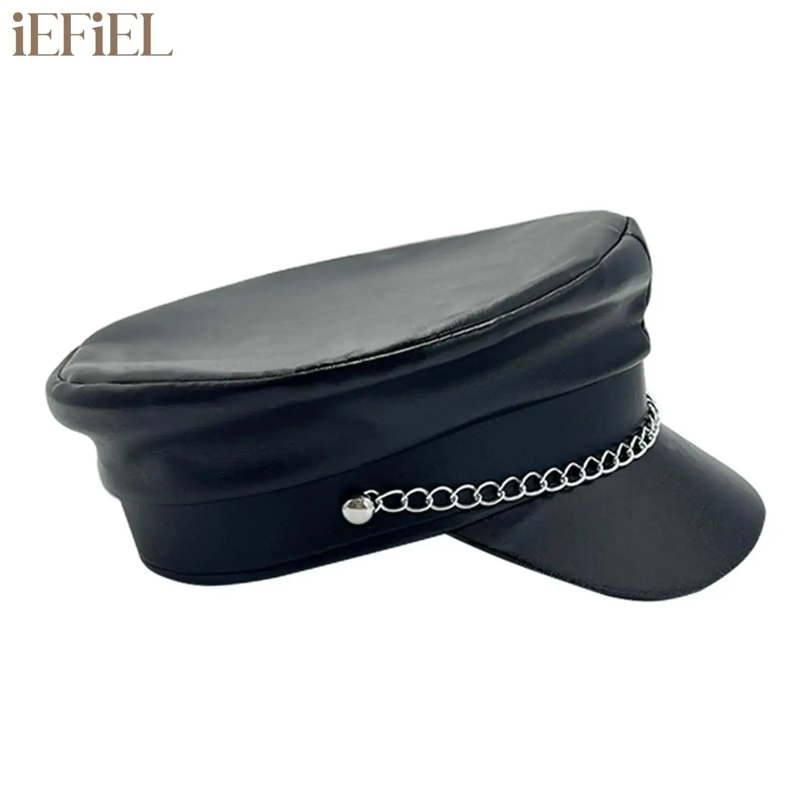 

Unisex Flat Top Pu Leather Hat Captain Military Navy Police Cap Beret Black Hat Women Men Carnival Colsplay Costume Accessories