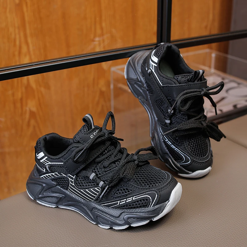 Kids Metallic Mesh Chunky Sneakers Double Laces Velcro Strap Shock Absorbing Thick Sole Silver Black Boys Girls Sport Footwear