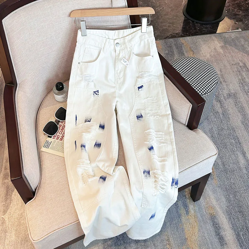 

autumn Retro Harajuku High Waist Loose White Jeans Pants Streetwear Style 2023 Spring Women's Y2K Wide Leg Baggy Denim Trouser