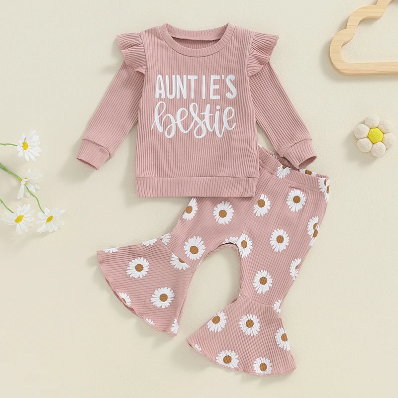 Baby Girl Clothes Toddler Fall Winter Outfits Rib Knit T-shirt Top Daisy Print Flare Pants 0 6 12 18 24 Month 3T 4T