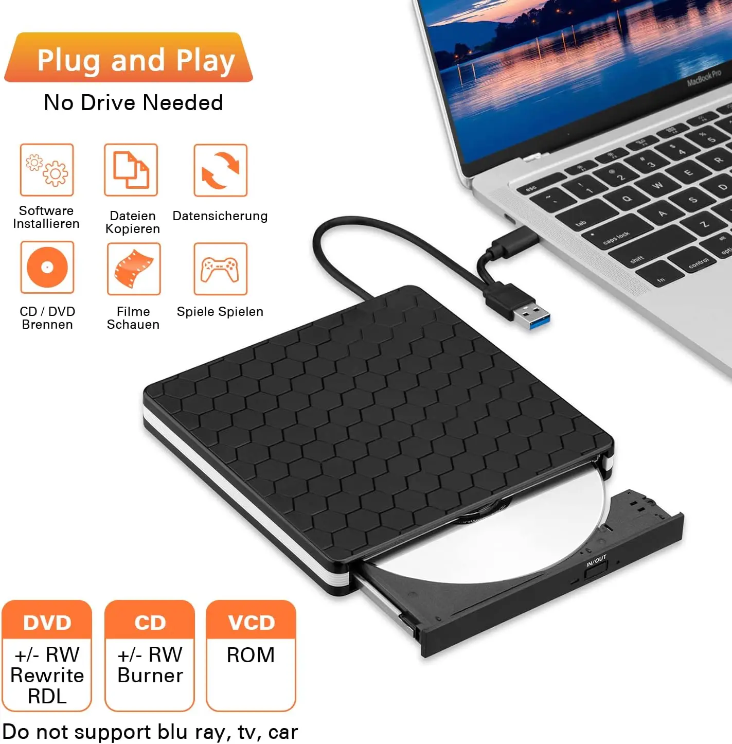 External CD DVD Drive for Laptop, USB 3.0 USB C CD Burner Portable DVD +/-RW Drive CD Player Reader Writer Recorder for Desktop