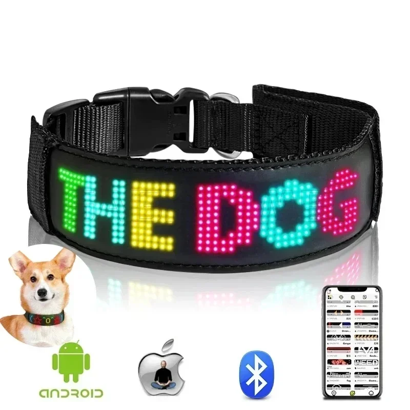 LED Multicolor Display Pet Dog Collars Programmable Multilingual Scrolling Customized Animations Rechargeable Glowing Necklace