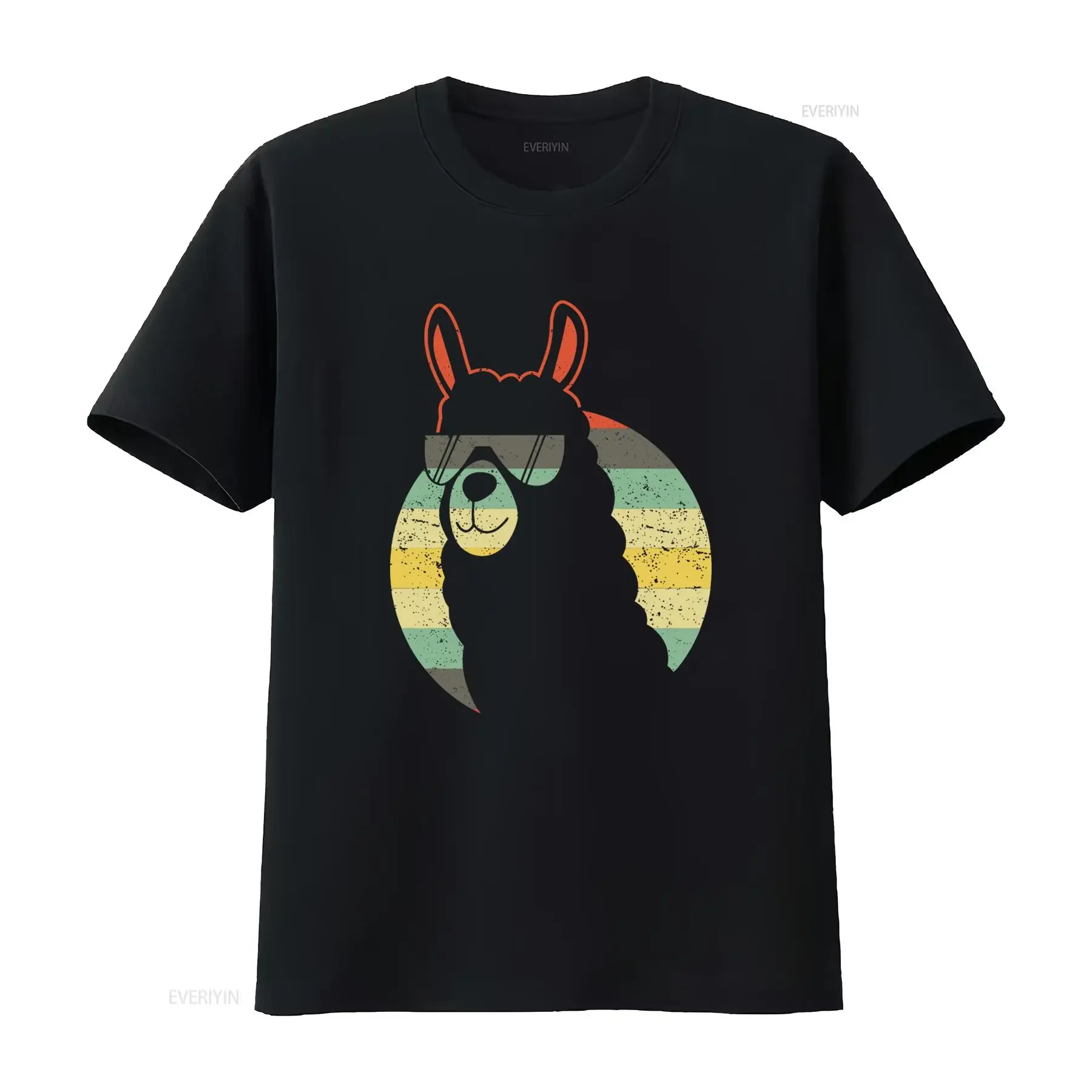 Retro Vintage Cool Llama with Sunglasses Sunset Striped Print Casual T Shirt vintage Washed Slightly Top For Everyday Wear
