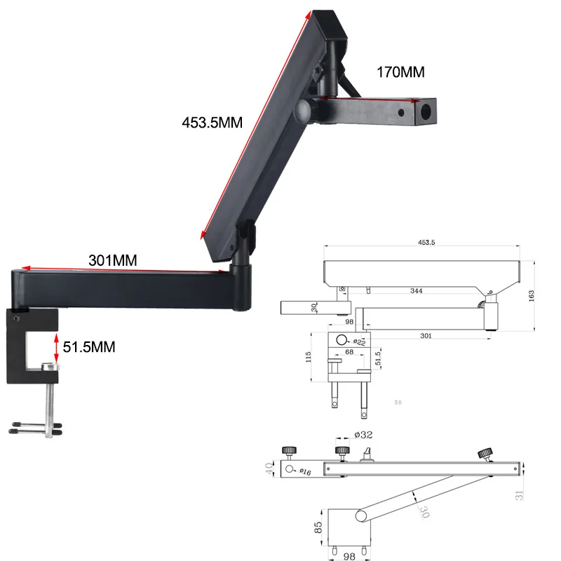 Heavy Duty Boom Metal Table Articulating Stand 76mm Holder Universal Large Tripod for Industrial Stereo Microsocpe