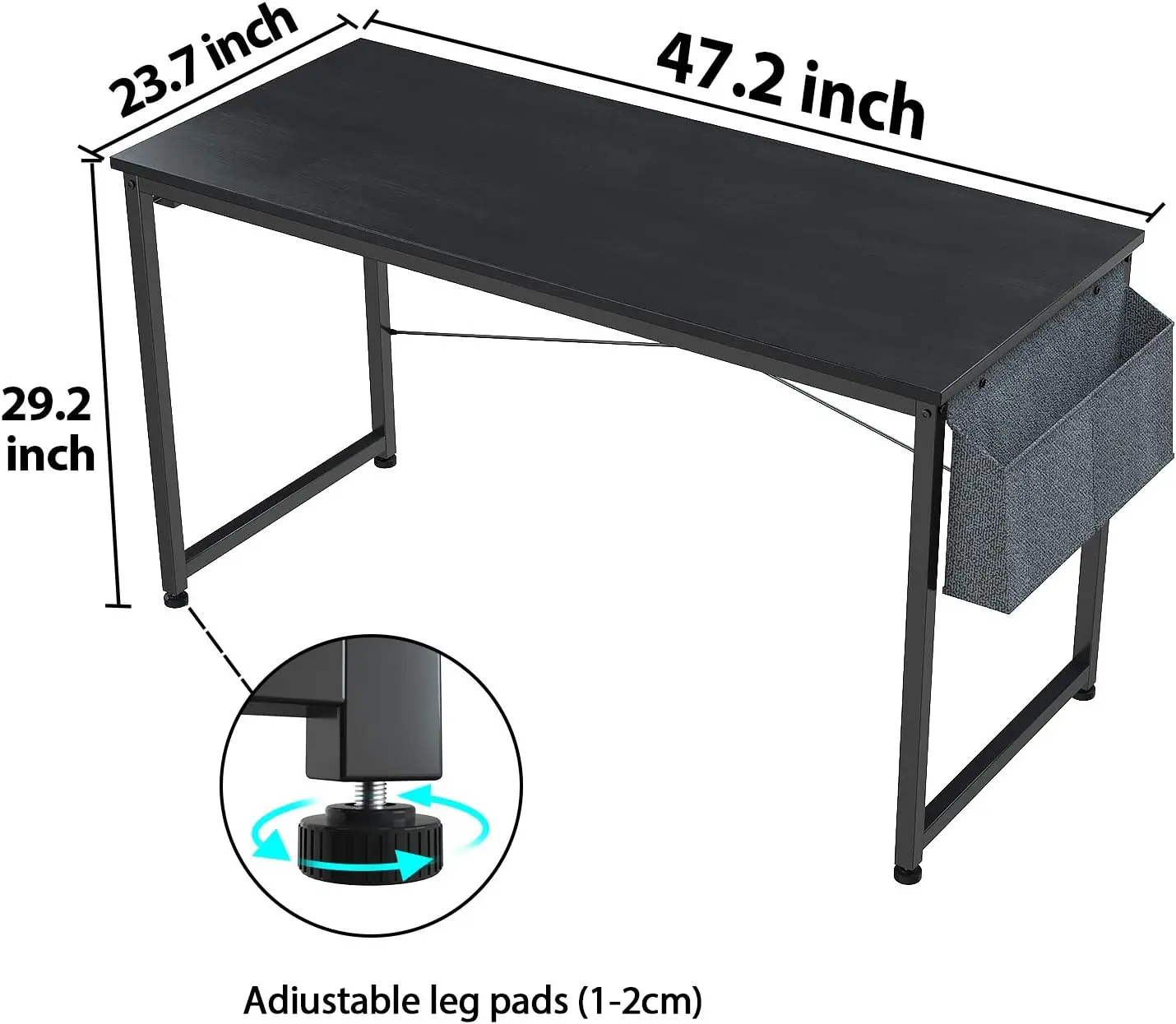 47인치 현대식 컴퓨터 책상(수납 가방 및 철제 후크 포함), 홈 오피스 학습용 책상, 블랙