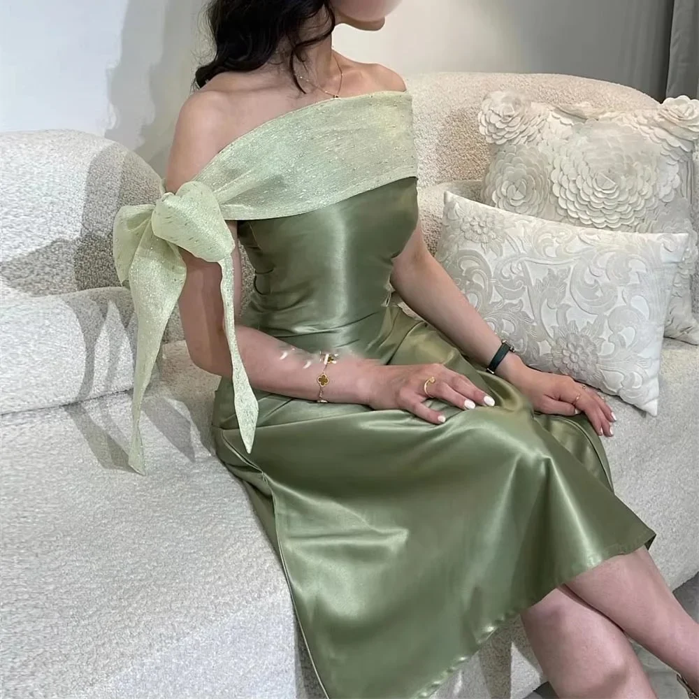 

Customized Dubai Luxury Evening Dress with Bow Exquisite Satin Tiered Bow A-line Boat Neck Midi Dresses Modern Prom Dresses