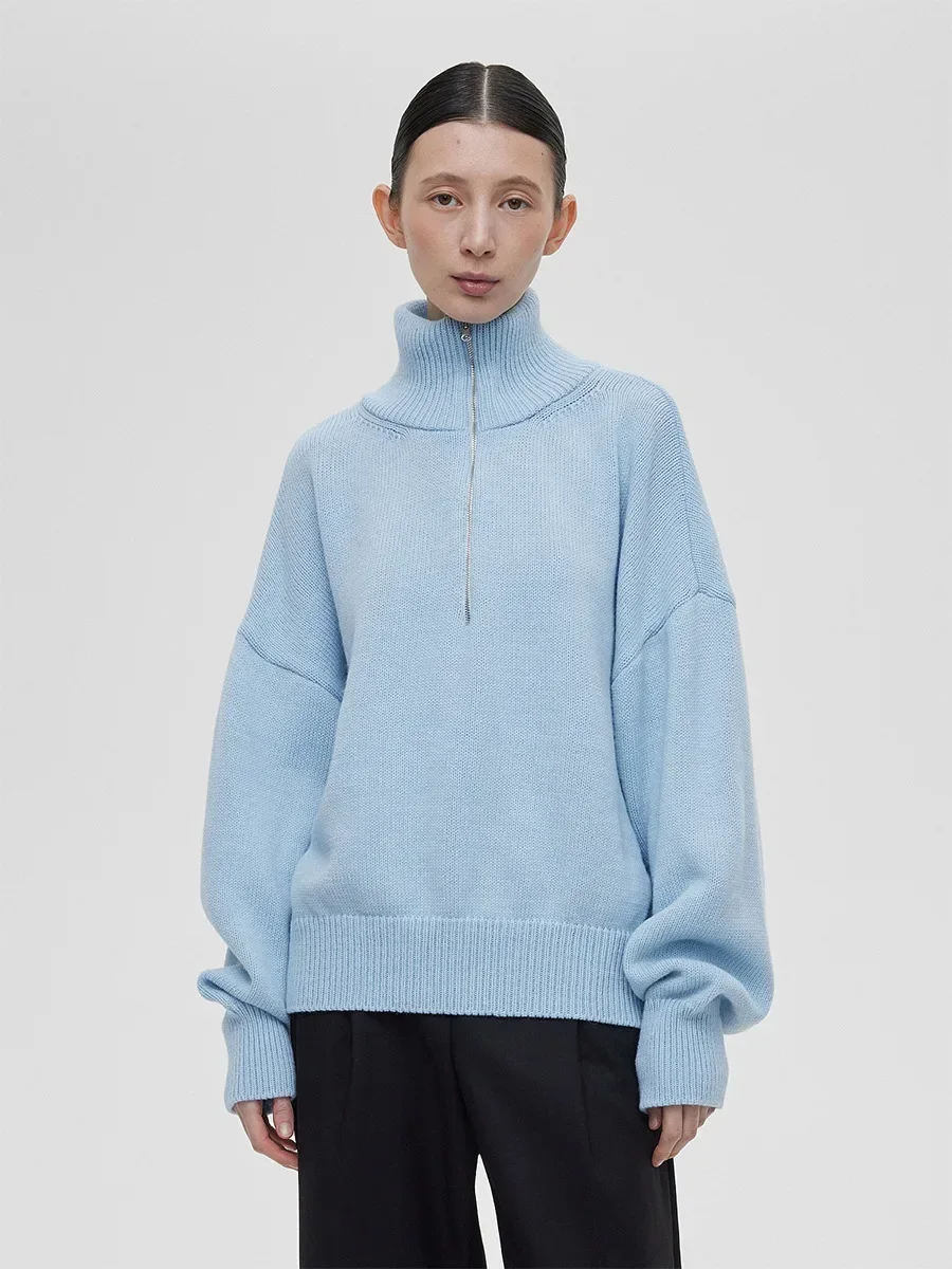 Frauen Pullover Oversize Zipper Gestrickte Pullover Lange Ärmel Einfarbig Lose Damen Pullover Herbst Winter frauen Rollkragen