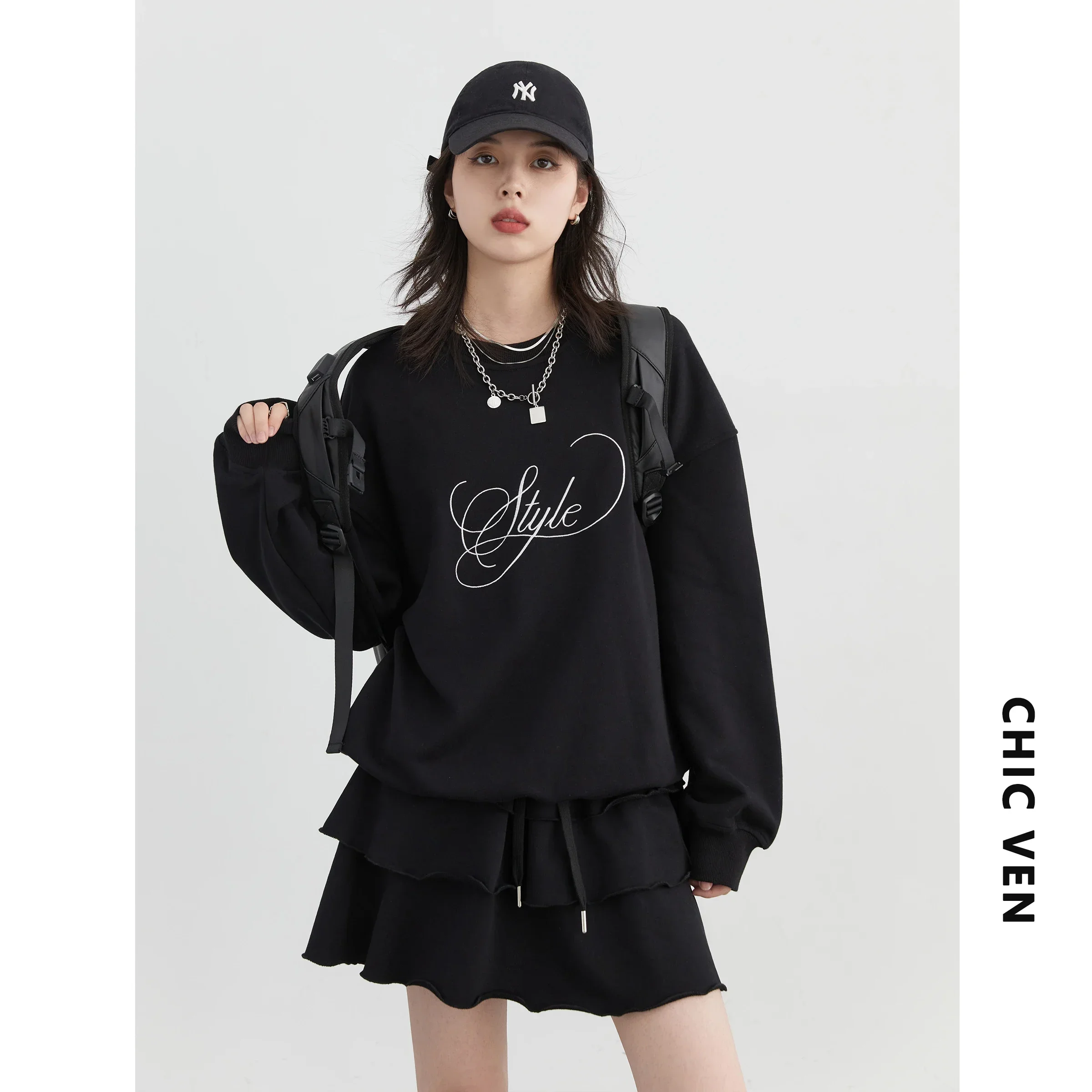 CHIC VEN Women\'s Pullover Shirt Loose Casual New Korean Letter Embroidered Elastic Waist A-line Skirt Set Spring Autumn 2024