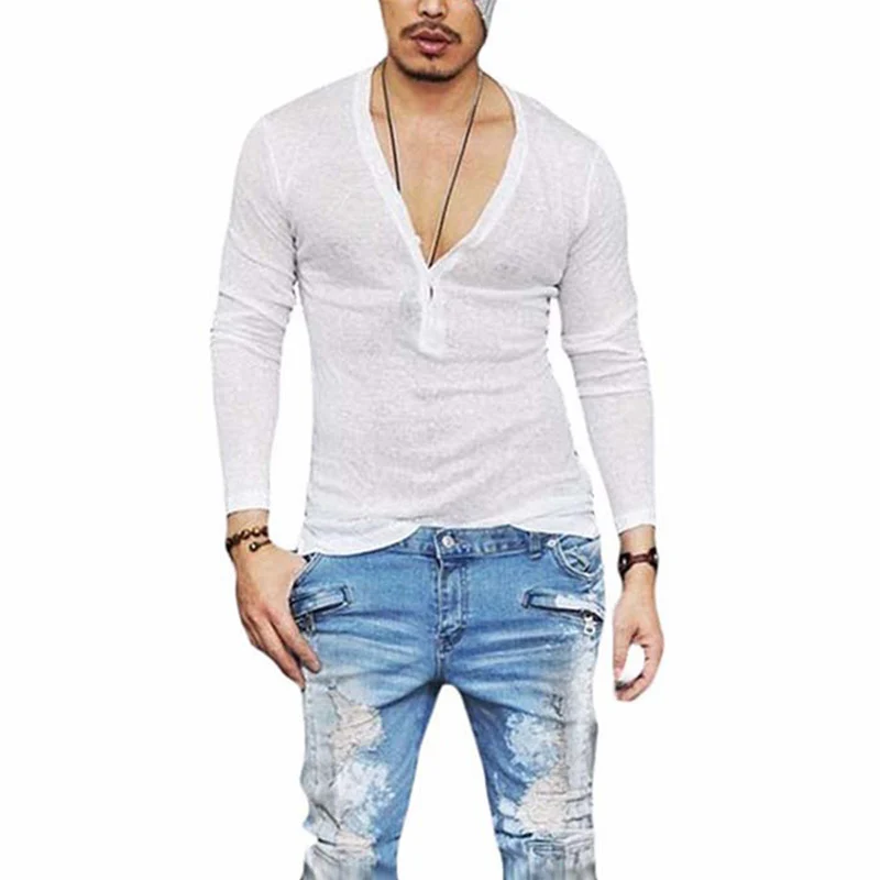 Deep V Neck T Shirt for Men Tshirt Invisible Undershirt Male Low Cut Vneck Wide Vee Tee Model Scoop Hem Slim Fit Long Sleeve