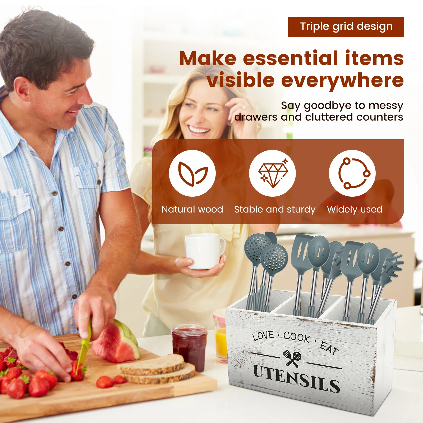 Wooden Cutlery Holder Kitchen Utensil Holder with 3 Compartments Household Tableware Spoon Organizer Kitchen Table Decor
