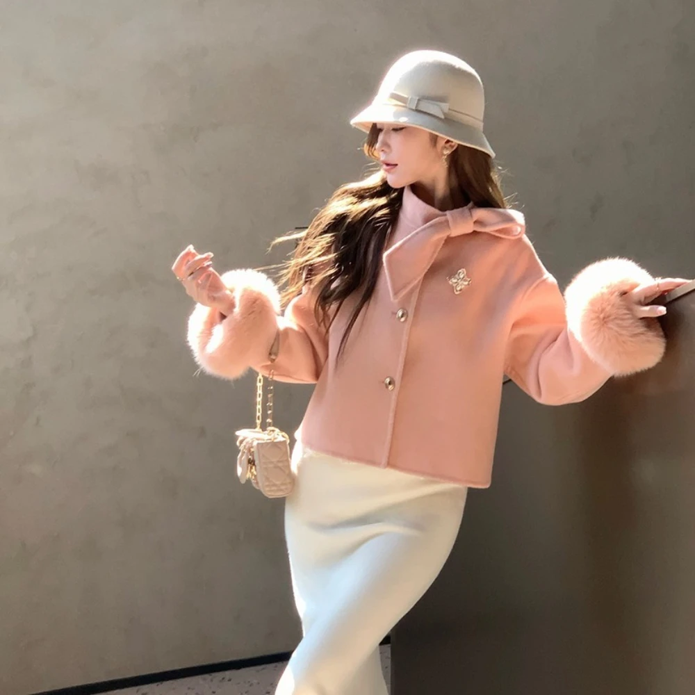 여성용 신상 겨울 리얼 퍼 코트 천연 여우털 재킷 커프스 여성 울 혼방 아우터 여성용 캐시미어 울