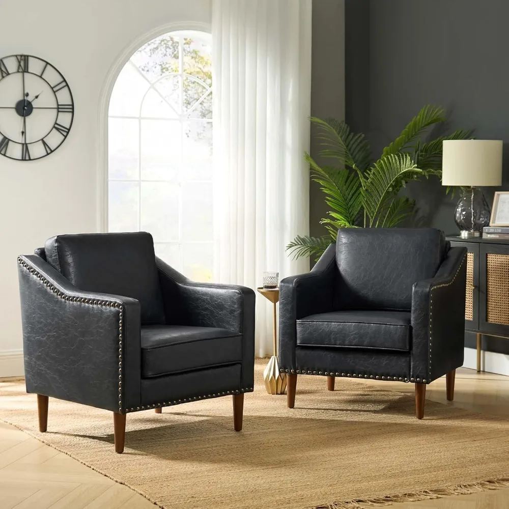 Faux Leather Accent Armchairs Set of 2 with Back & Seat Cushions, with Nailhead Trim, Comfy Upholstered Sofa Chairs