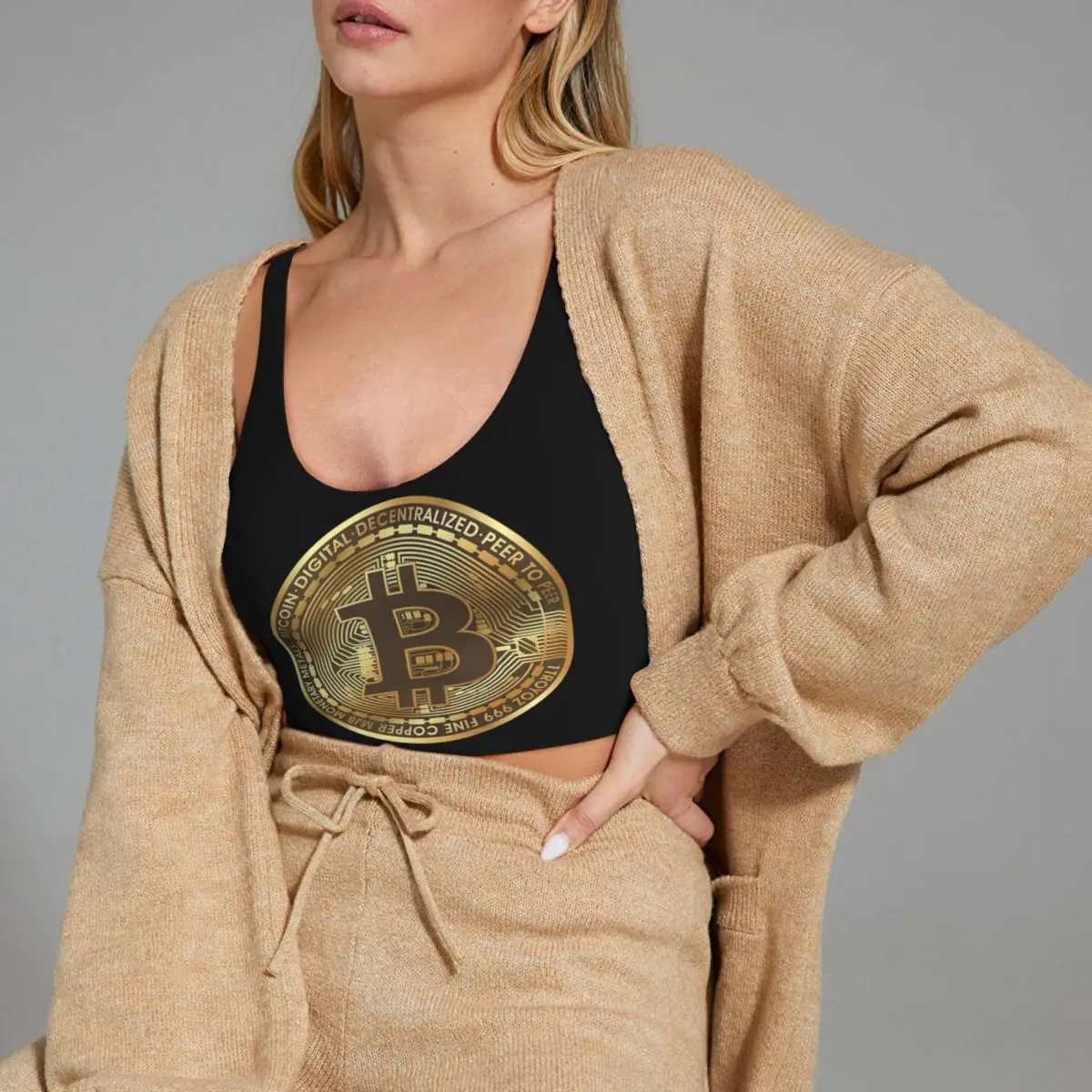 Bitcoin personalizado - Camiseta sin mangas de la cosecha de la yoga del alto impacto del entrenamiento del gimnasio de los sujetadores del chaleco deportivo de las mujeres de la moneda física
