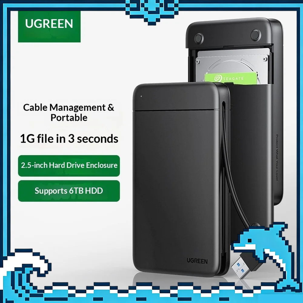 UGREEN 80555 2.5 Inch SATA to USB 3.0 External Hard Drive Enclosure Cable Attached HDD SSD Case for Laptop Desktop