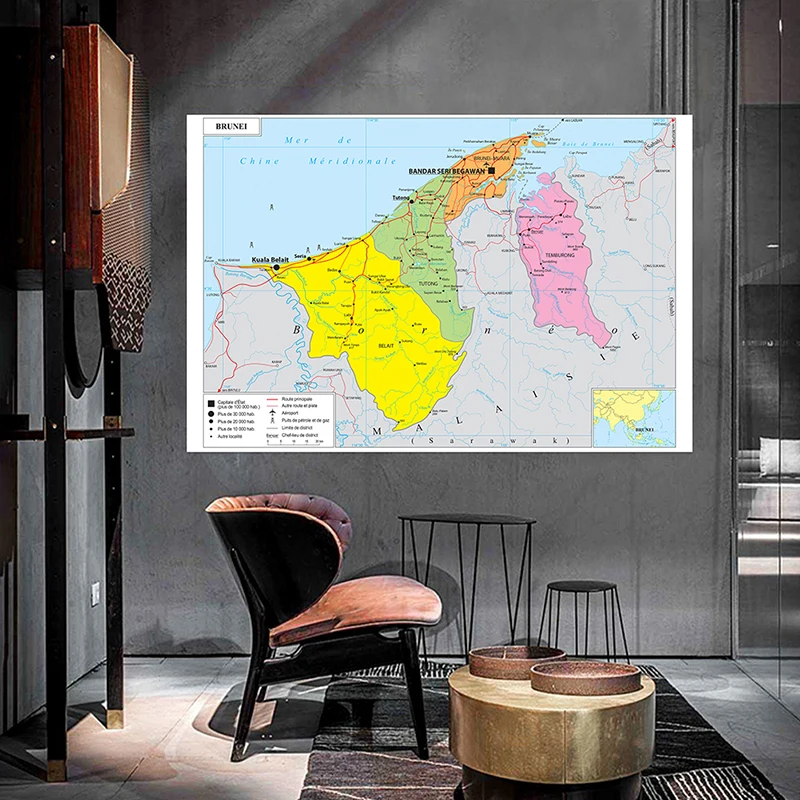 Tela de fondo con mapa de Francia - Mapa de Brunéi, decoración para viajes, herramienta educativa de geografía para colgar en la pared