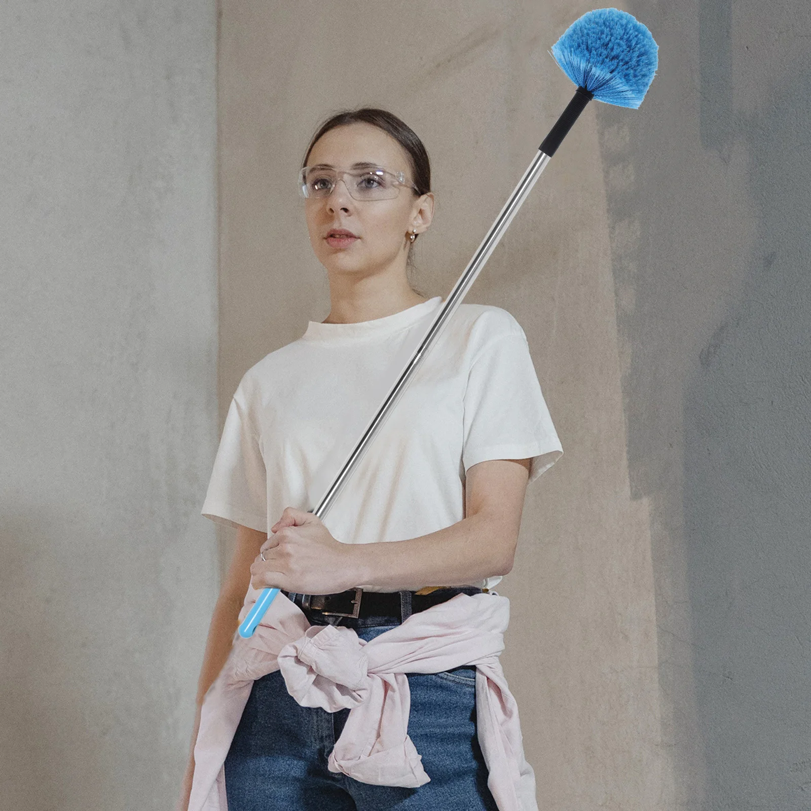 فرشاة تنظيف السقف برأس منفضة من نسيج العنكبوت المستديرة، تصميم كروي من الصعب الوصول إلى زوايا نافذة مروحة مزراب بمقبض طويل #6