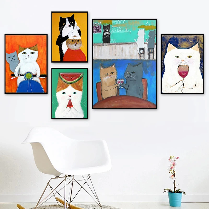 Cartoon Cat Drive Motorcycle Drink Canvas Painting DJ Cat Posters and Prints Wall Art Picture for Living Room Wall Decor Cuadros