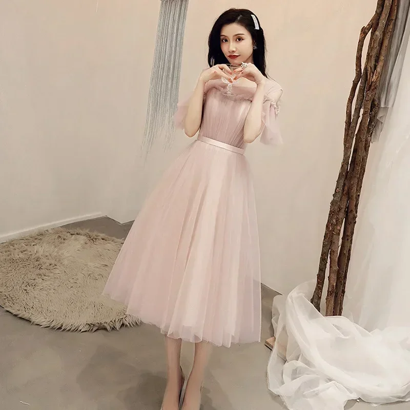 Itu Yiiya disesuaikan pengiring pengantin gaun Pink Tulle lengan pendek A-line Vestidos Tea-Length Plus ukuran wanita pesta gaun Formal R285