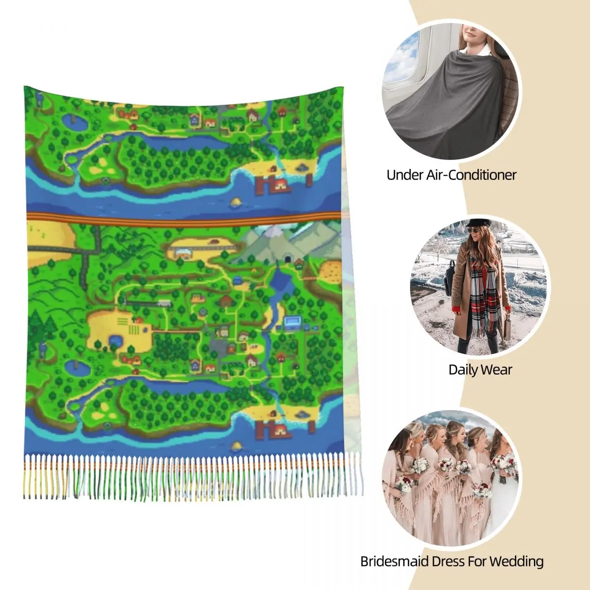 Womens Scarf with Tassel Stardew Valley Map Long Winter Fall Shawl and Wrap Stardew Valley Daily Wear Pashmina Scarves view 4