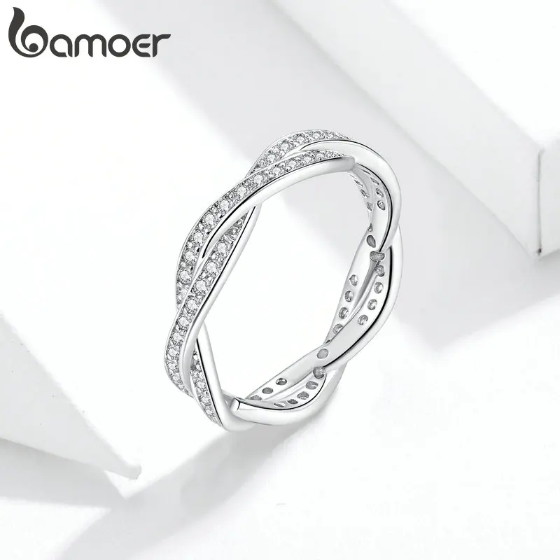Bamoer ファッションシャイニングストーンリング女性のためのシルバーカラーリング運命のツイストスタッカブルリングウェディングギフト PA7222