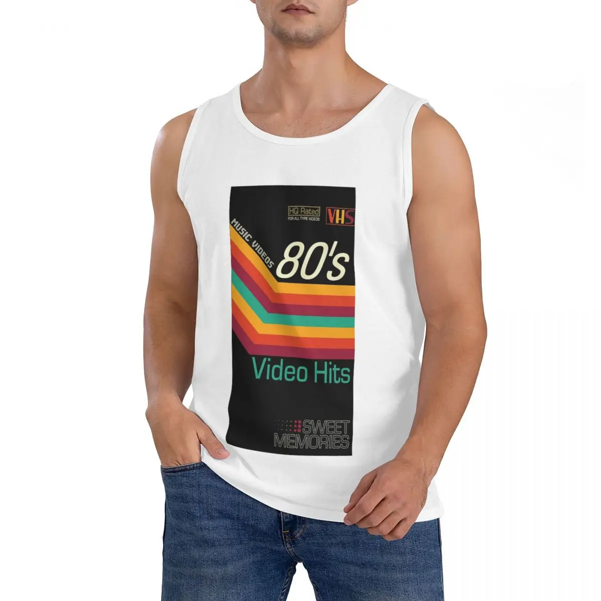Camiseta Regata Masculina 100% Algodão com Estampa Retrô de Cassete de Vídeo Musical VHS, Roupa Esportiva para Treino, Colete Masculino com Gola Redonda