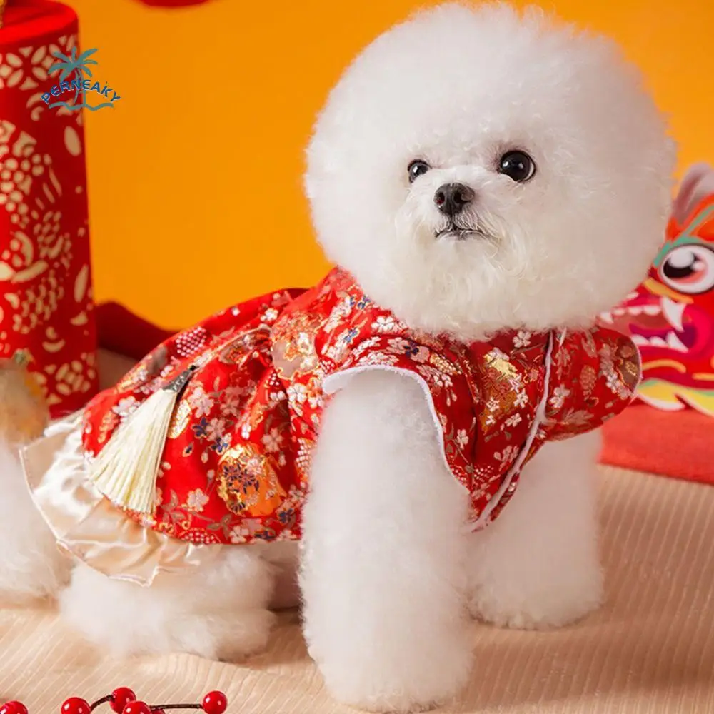 

Chinese Style New Year Pet Dress Plush Flannel Pet Princess Skirt Soft Wind Resist Dog New Year Costume Dress Up Accessories