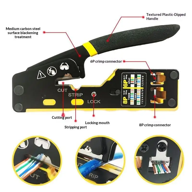 NEW 3. RJ45 Pass Through Crimper Tool Kit Crimp Cut Strip Cat8 Cat7 Cat6a Cat6 Cat5e STP UTP Lan Cable RJ11 RJ12 8P8C Connector