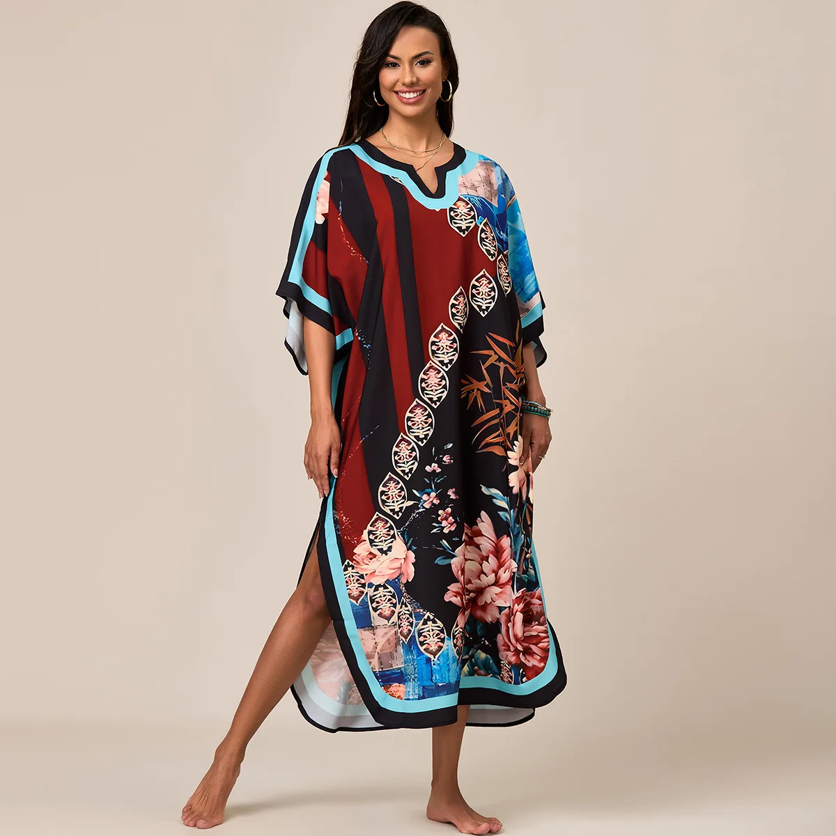 

Summer Cover Ups Women Dress Swimsuit Short Sleeve Robes Bathing Suit New Beach Holiday Flower Print Maxi Dresses Cover-Up