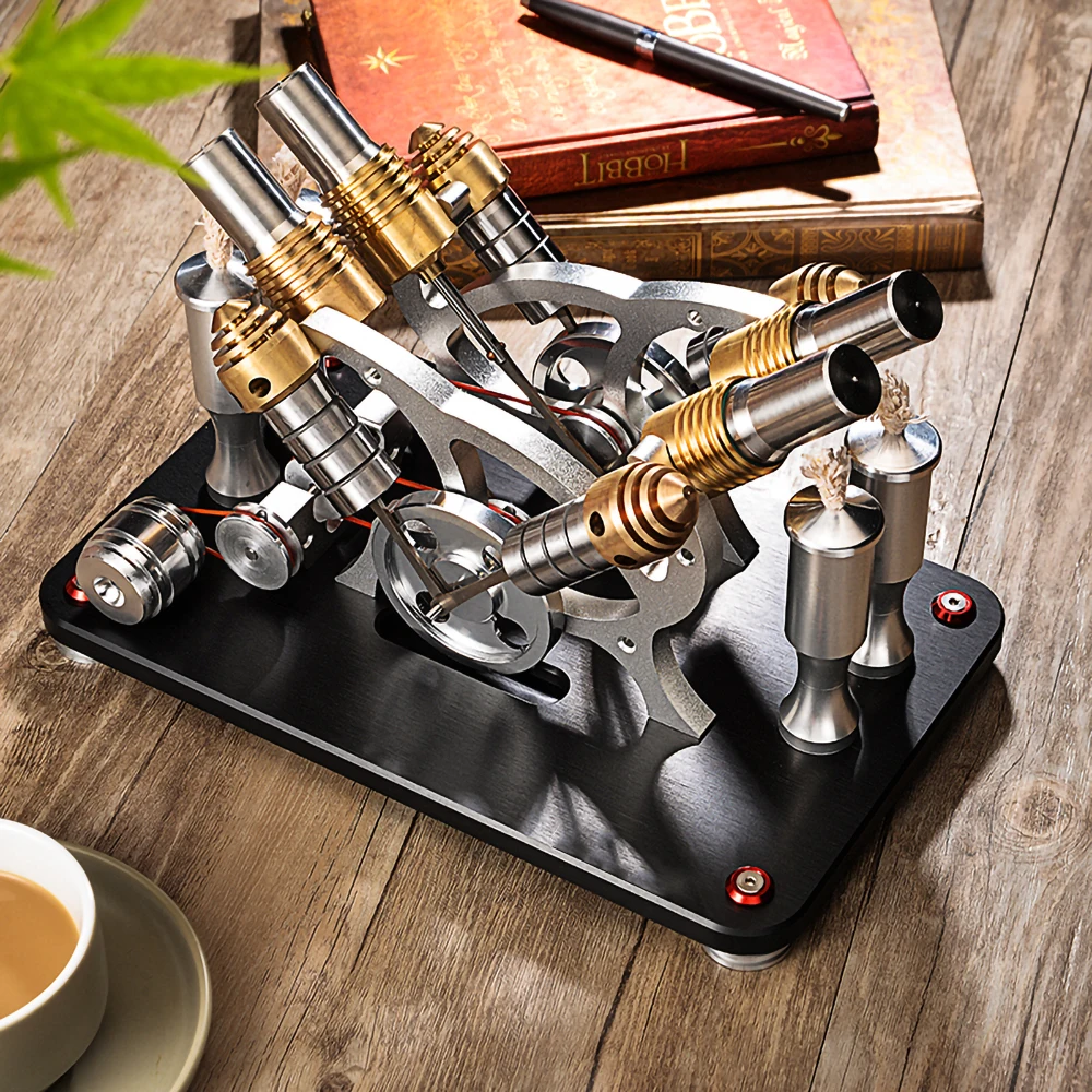 

CNC high-end manufacturing all metal engine V4 double cylinder four cylinder Stirling engine generator set antique engine