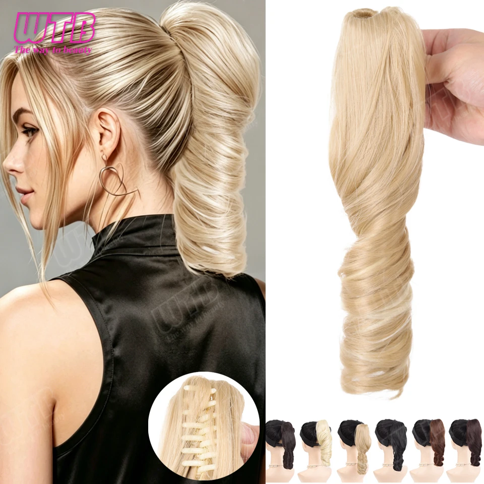 WTB Deep Curly Ponytail Wig Synthetic Hair Clip Style Volumizing Short Curly Ponytail Wig Suitable for Women Daily Holiday Wear