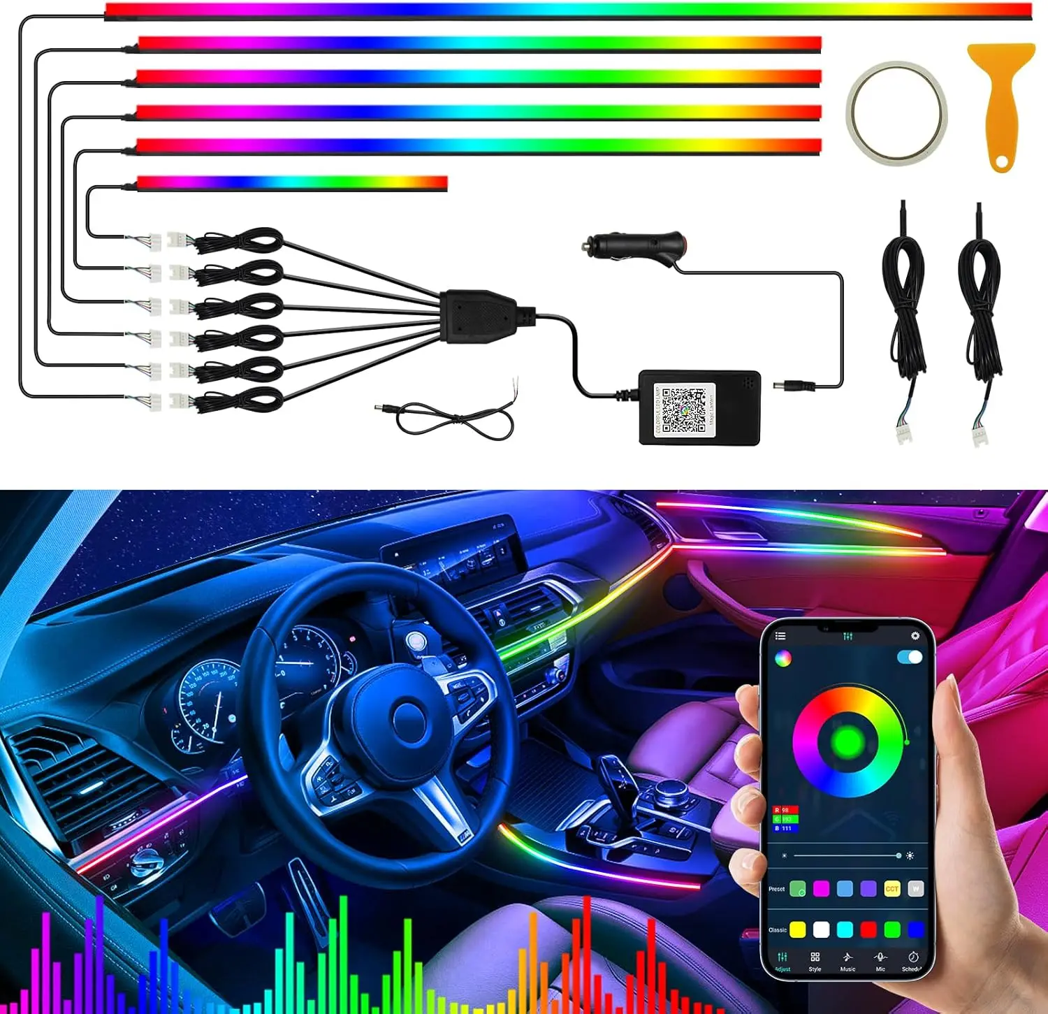 

Wireless APP-Controlled LED Car Interior Strip Lights with Sound-Activated Dreamcolor Chasing, 175-inch 593 LEDs