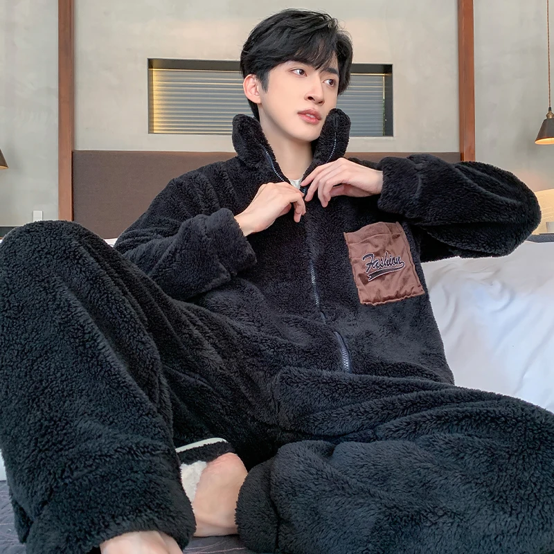 Autumn and winter flannel men's pajamas with zipper cardigan style fashionable and simple men's home coral velvet pijamas hombre