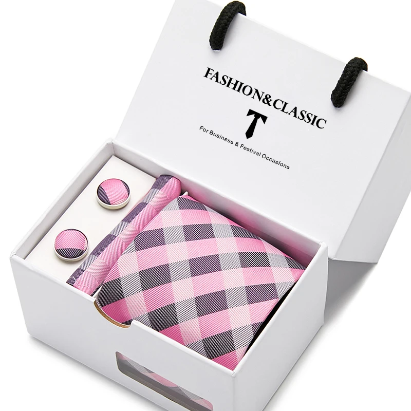 Hochwertiges 7,5 cm schwarzes, solides Herren-Krawatten-Taschentuch-Manschettenknöpfe-Set für Männer, Hochzeitskrawatten, Gravatas in Geschenkbox – Detail 15