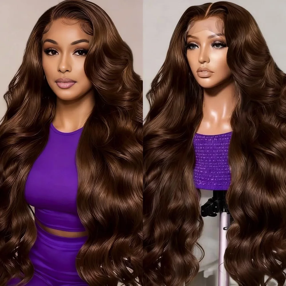 Parrucche di capelli umani ondulati color cioccolato, densità 200, per donne di colore # 4 Parrucche Frontali HD Full Lace Marroni 13x4 13x6 da 46 Pollici