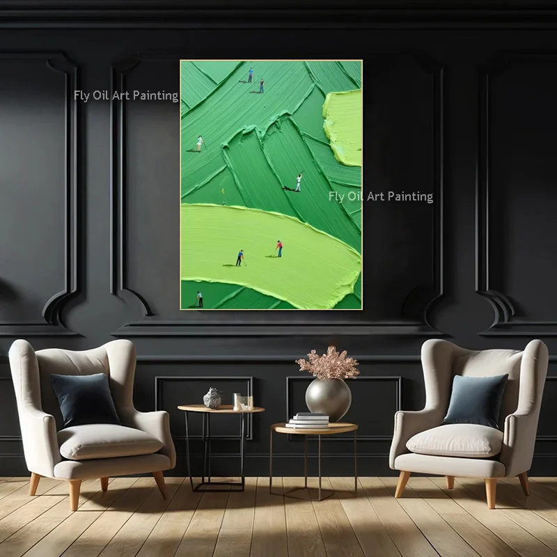 Abstract Green Knife Thick Golf Course People Playing Golf Oil Painting Fashional Hand Made Set Of Two Room Wall Decor Items