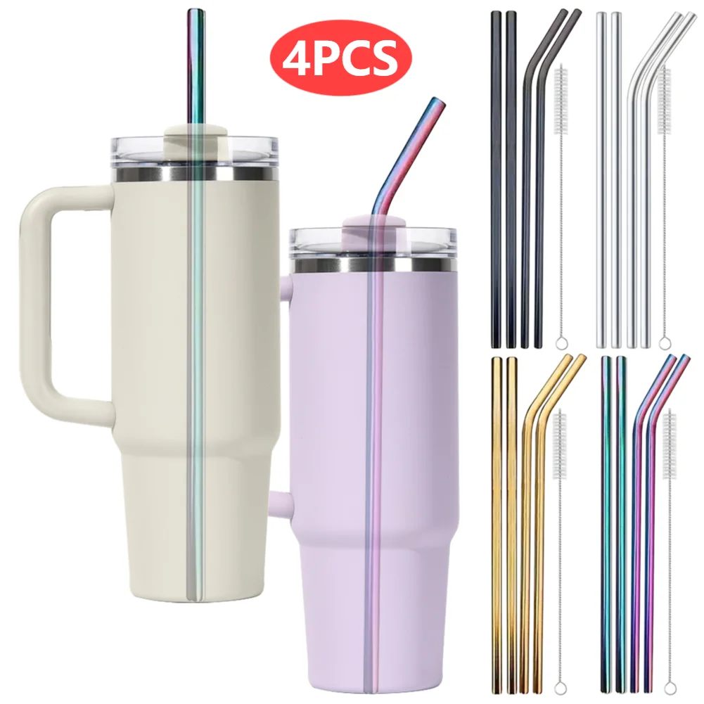 4Pcs Stainless Steel Straw with Cleaning Brush Reusable Healthy Eco Friendly Drinking Straws for Stanley 40oz Cup Accessories