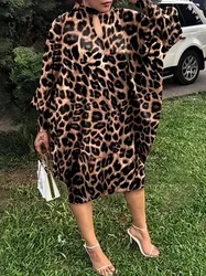 Plus Size 1XL-5XL Women's Fashion Boho Dress Ladies Casual Leopard Print Batwing Sleeve Keyhole Round Neck Baggy Dress