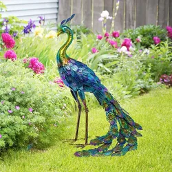 1 Piece Multicolor Metallic Peacock Statue Outdoor Garden, Patio, Deck, Porch-Yard Art Decoration Metal