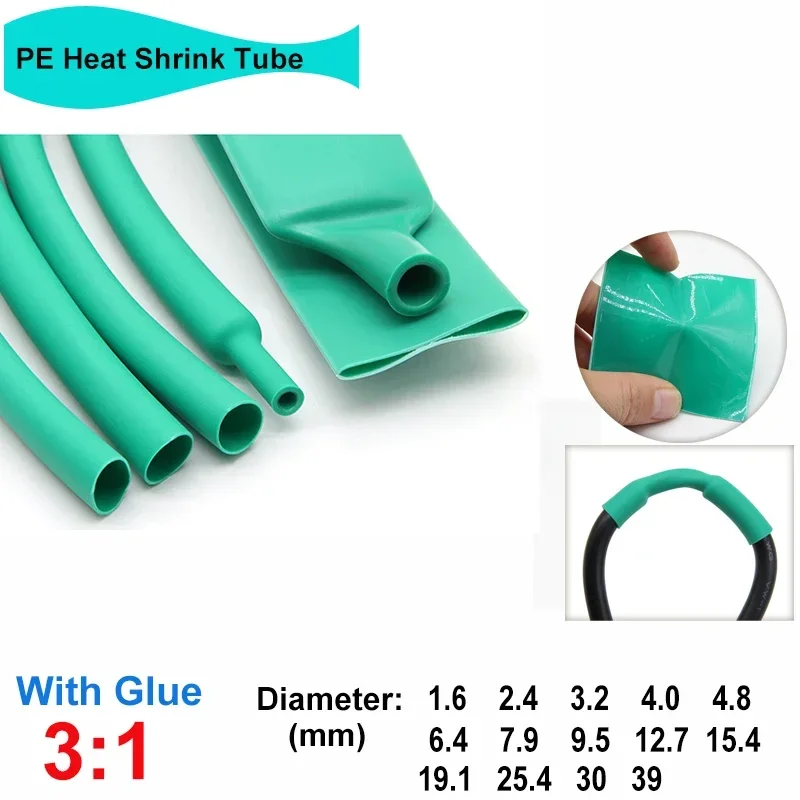 

1/5/10M 3:1 Green Heat Shrinkable Sheath 1.6/2.4/3.2/4.8/6.4/7.9/9.5/12.7/15.4/19.1/25.4/30/39mm Glue Heat Shrink Wire Casing