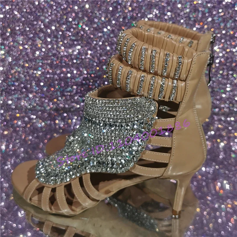 Luxury Design Crystal Women Sandals Bling Rhinestone Open Toe Hollow Back Zipper Stiletto Heels Party Banquet Shoes Big Size 47