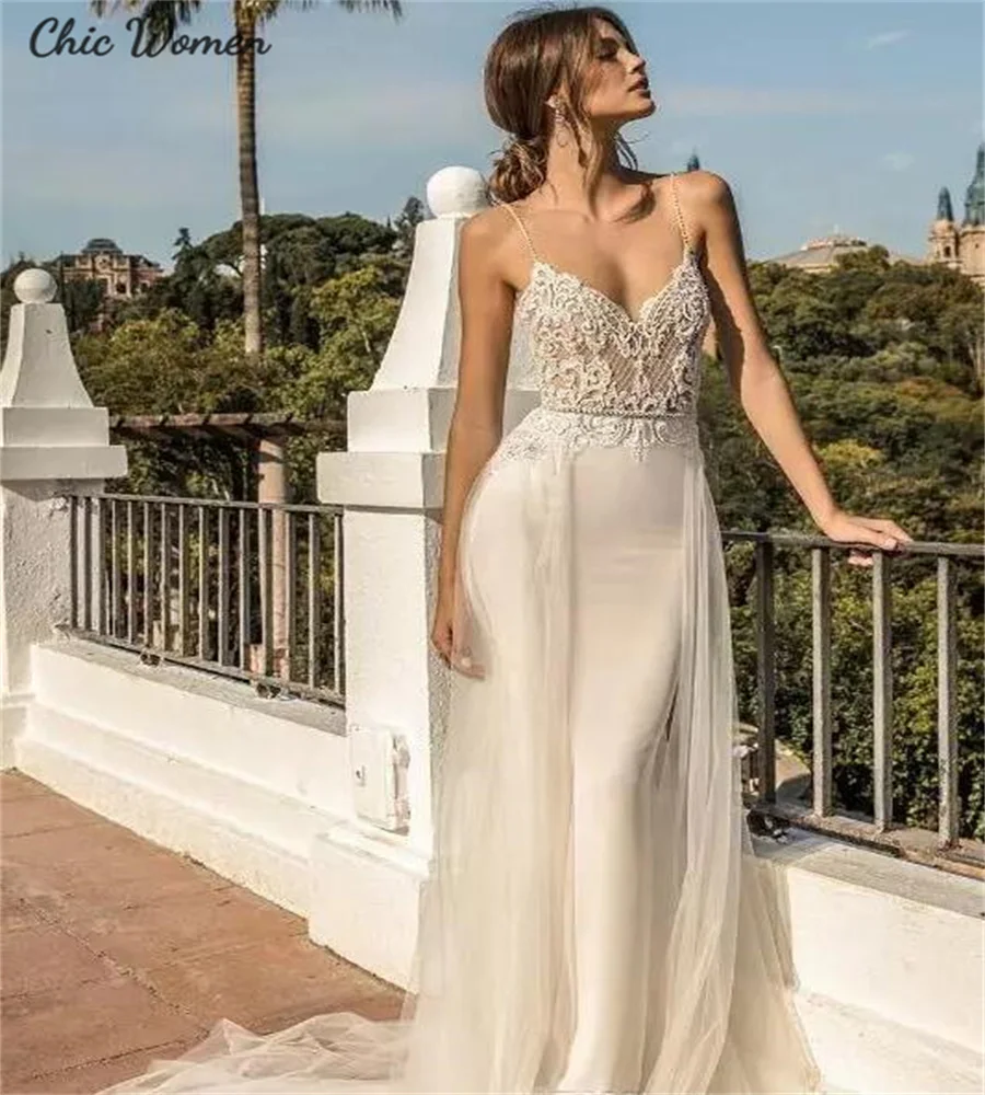 Bohemian Mermaid Wedding Dresses com Overskirt, Impressionante, Sexy, Spaghetti Straps, Backless Bridal Gowns, Lace Celtic Bride