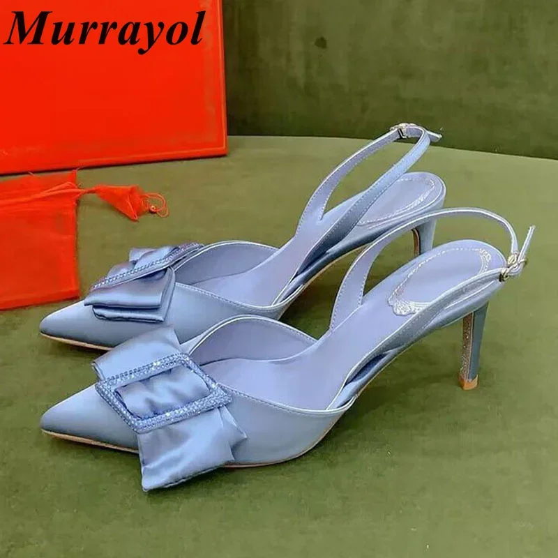 New Rhinestone Square Buckle Decor Sandalias Women Pointed Toe Satin Finish Thin Heels Sandals Summer Party Dress Shoes Pumps