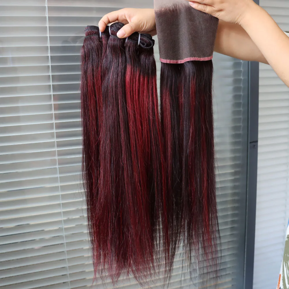 الجملة البرازيلي عذراء الشعر البيانو اللون تسليط الضوء على 1B أحمر داكن 99J حزم مع إغلاق أمامي نسج لحمة للنساء السود