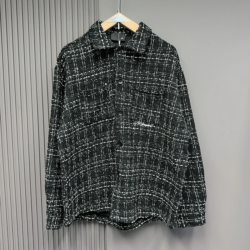 Fashion Men's Black Tweed Plaid Shirt Coat Autumn New Letter Embroidery Long Sleeve Shacket Harajuku Streetwear Oversized Tops