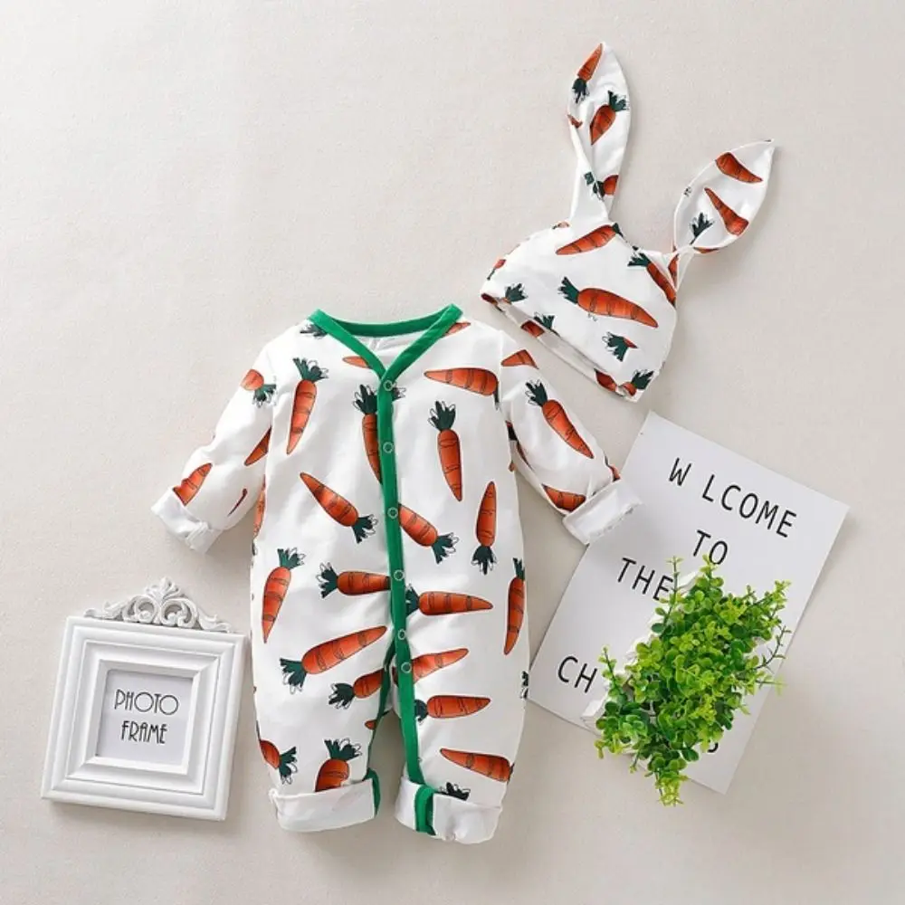 

Cotton Easter Bunny Romper Outfit Cartoon Carrot Rabbit Bodysuit Infant Clothes with Bunny Ears Hat Carrot Print Jumpsuit Baby