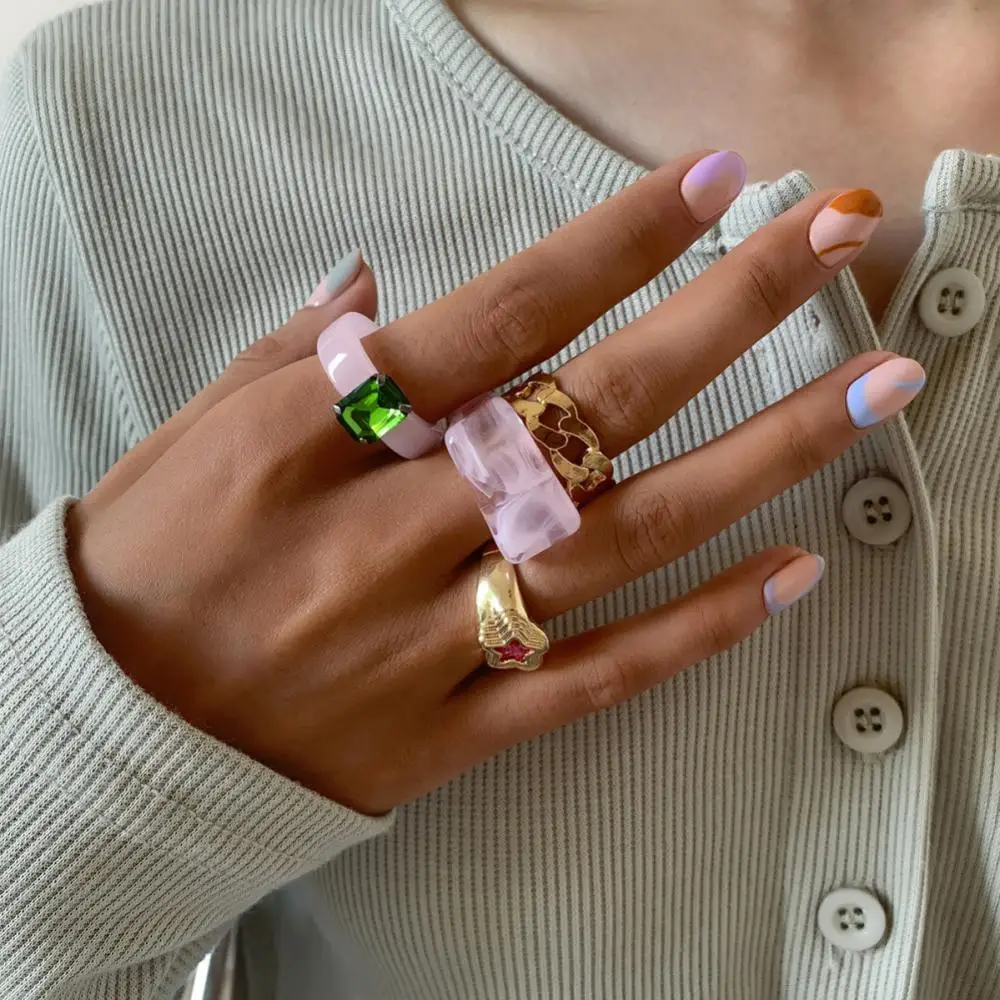 2022 New Geometric Rings Set For Women Girls Square Round Finger Rings Colorful Transparent Resin Acrylic Open Rings Jewelry